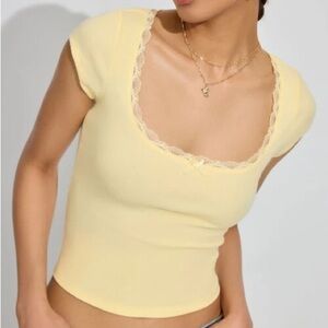 Garage Yellow Short Sleeve Top with Lace Trim